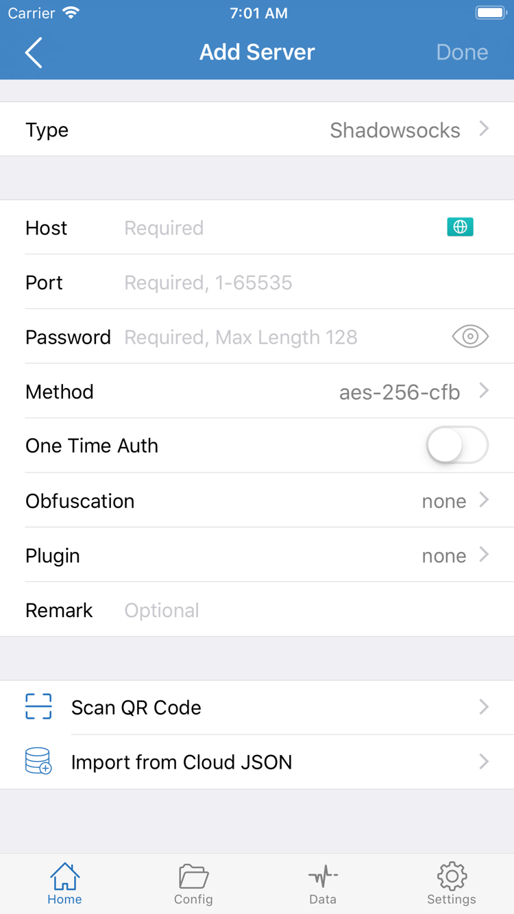Official Shadowrocket Add Server screenshot: Type, Host, Port, Password, and Method fields, plus import options