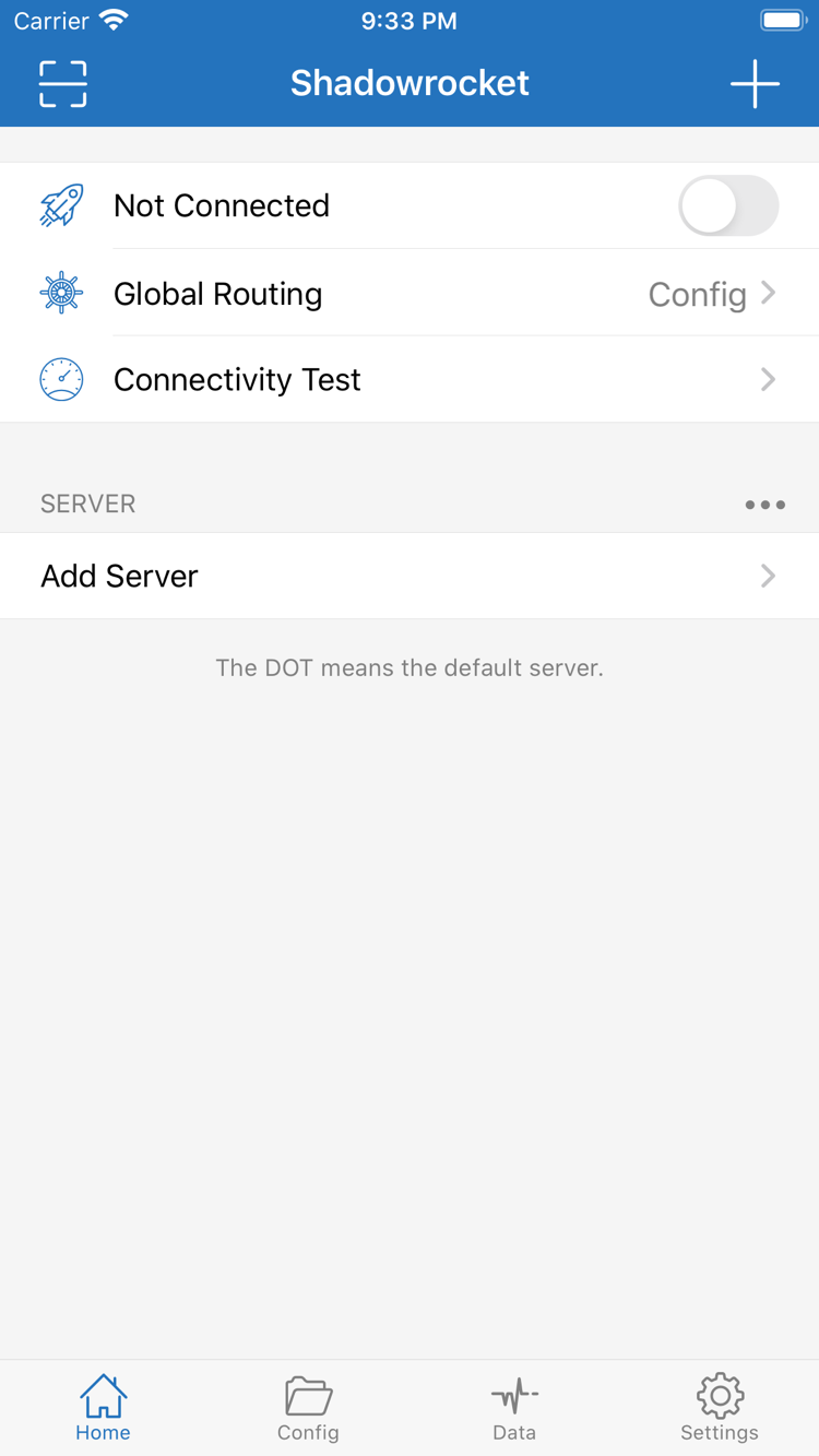 Shadowrocket 官方 Home 截圖：連線開關、Global Routing 與伺服器列表